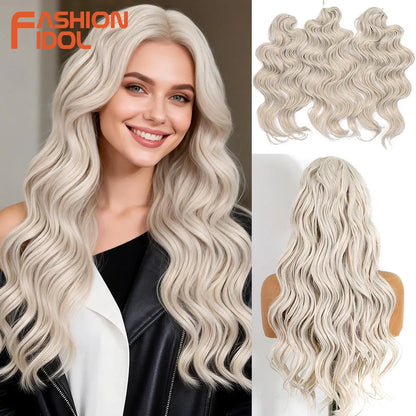 FASHION IDOL 24inch 300g/3pcs Deep Wave Crochet Hair Synthetic Water Wave Braiding Hair Ombre Rainbow color Fake Hair Extensions