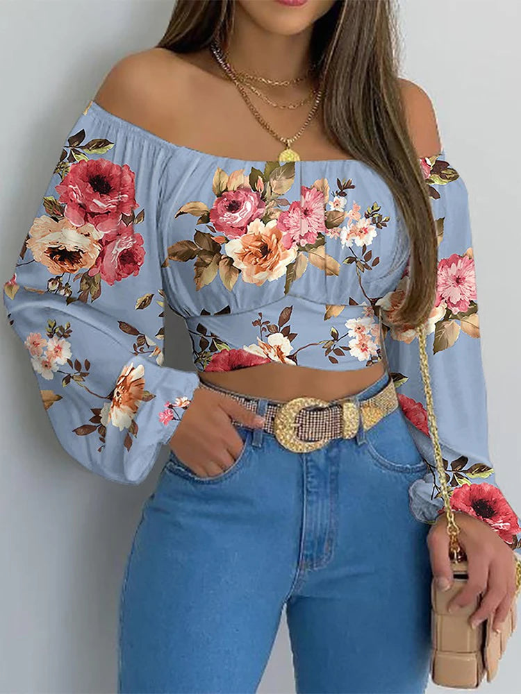 Women's Sexy Off Shoulder Chic and Elegant Lantern Long Sleeve Lace Up Bow Slim Cropped Tops