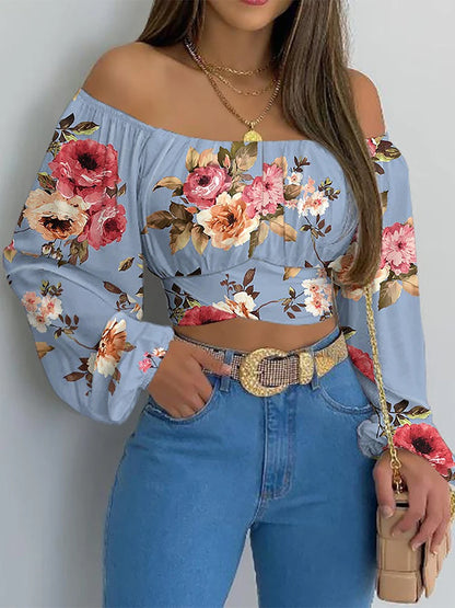 Women's Sexy Off Shoulder Chic and Elegant Lantern Long Sleeve Lace Up Bow Slim Cropped Tops