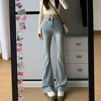 Women’s Flare Stretch Moustache Jeans – High‑Waist Gray Skinny Bell‑Bottom Denim Pants, Classic Y2K Punk Long Trousers