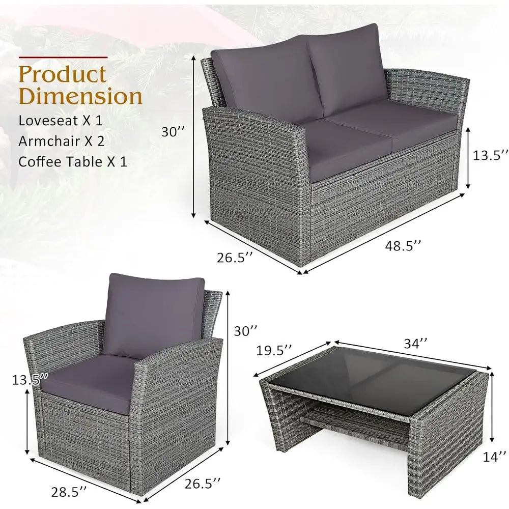 4‑Piece Patio Rattan Furniture Set with Glass Coffee Table
