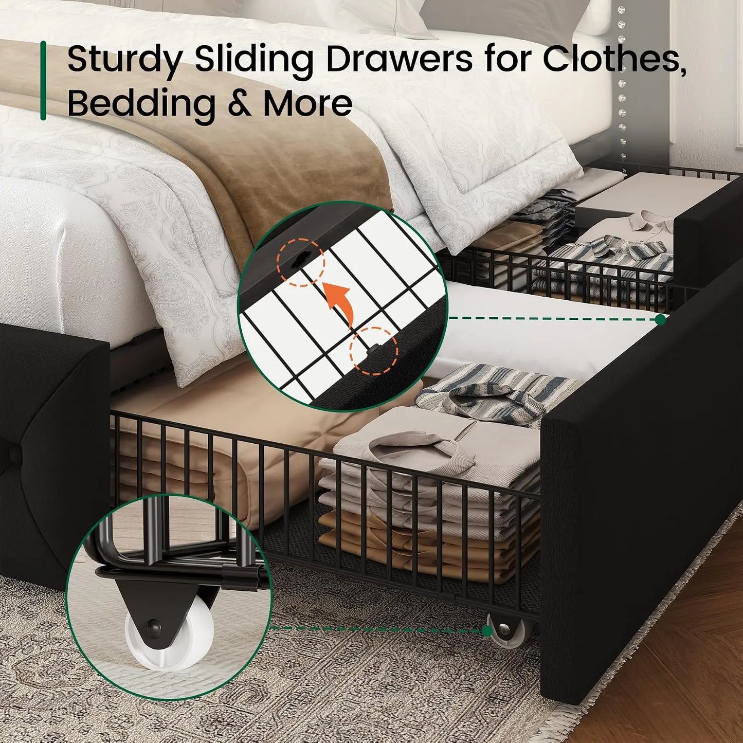 King Velvet Platform Bed w/ LED & 4 Storage Drawers