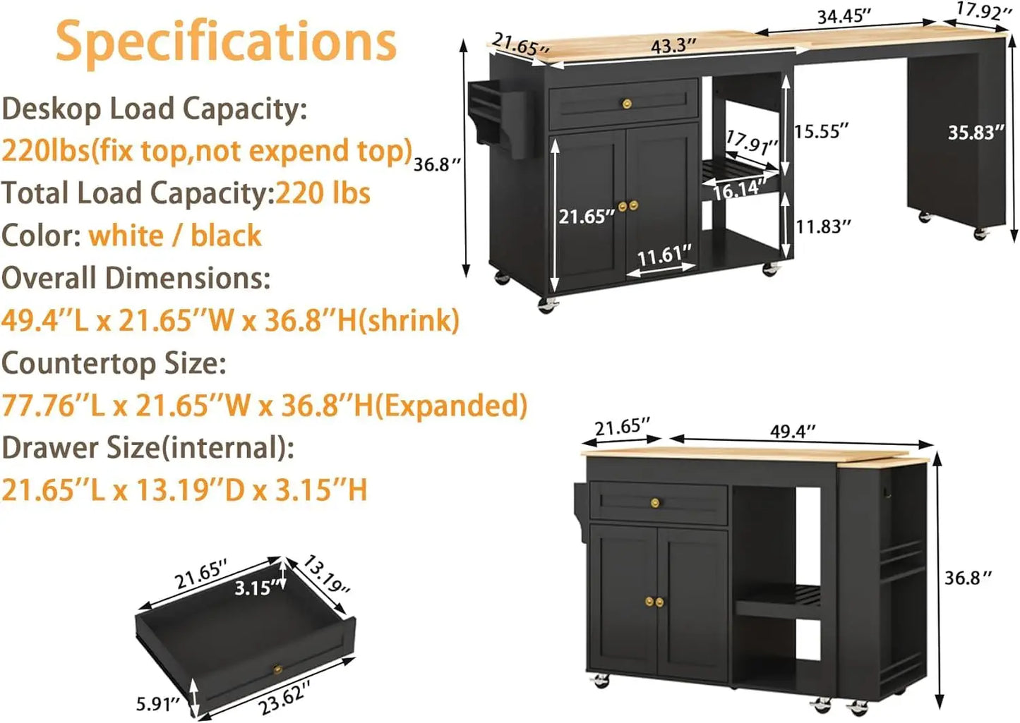 78"–49" Extendable Rolling Kitchen Island with Storage Drawers