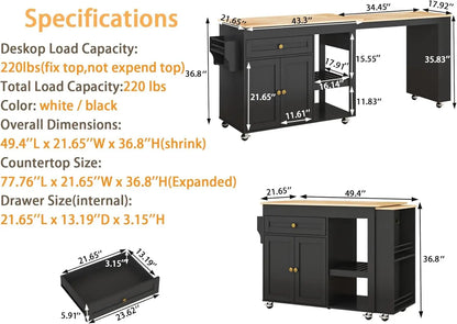 78"–49" Extendable Rolling Kitchen Island with Storage Drawers