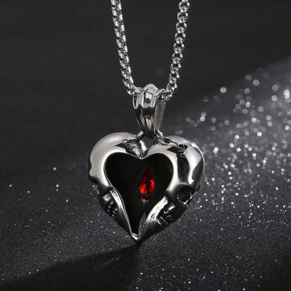 Stainless Steel Love Heart Skull With Red Gemstone Pendant Necklace