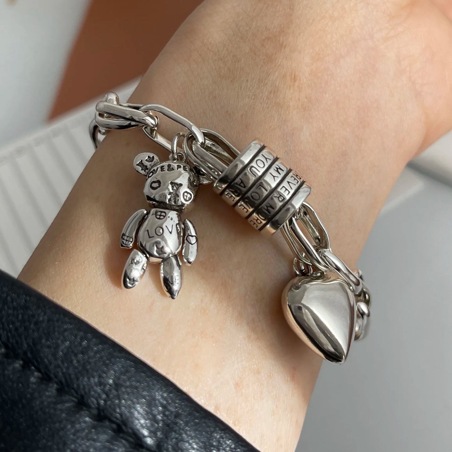 Solid 925 Sterling Silver Retro Bracelet for Women Men Vintage Handmade Heart Bracelet Birthday Gift