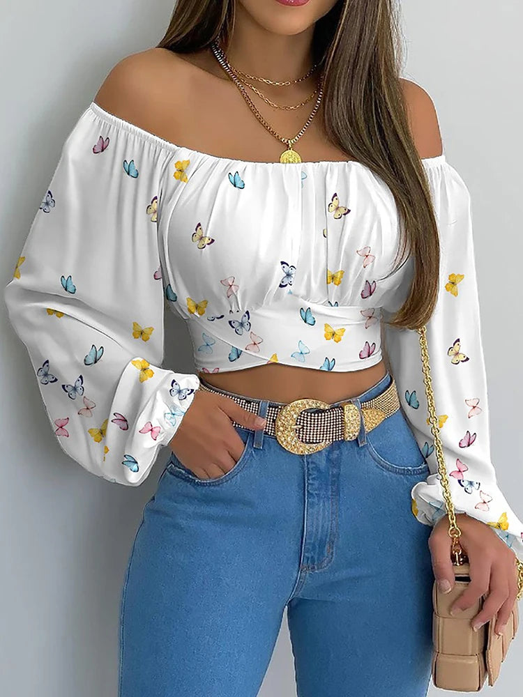 Women's Sexy Off Shoulder Chic and Elegant Lantern Long Sleeve Lace Up Bow Slim Cropped Tops