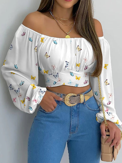 Women's Sexy Off Shoulder Chic and Elegant Lantern Long Sleeve Lace Up Bow Slim Cropped Tops