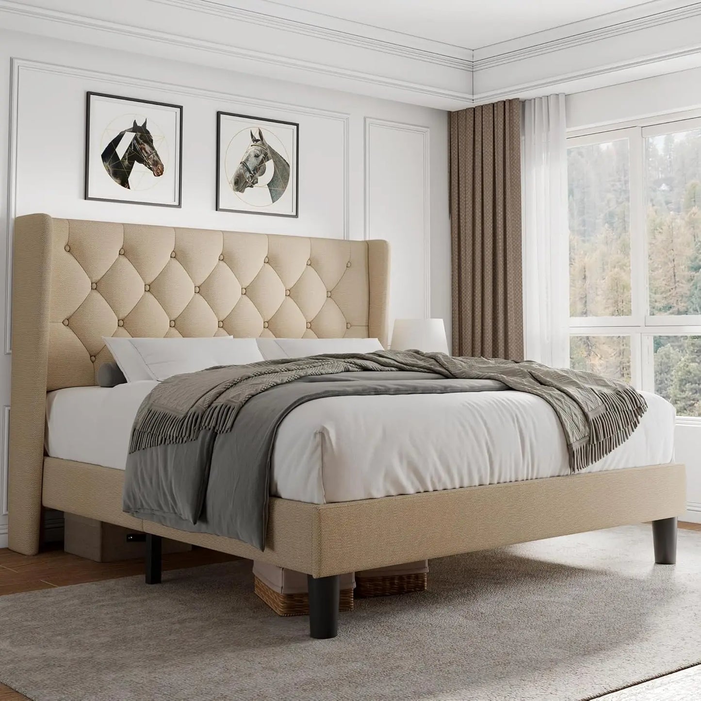 Queen Size Platform Bed Frame with Button Tufted Headboard, Upholstered Bed Frame with Solid Wooden Slats, 8", Customized