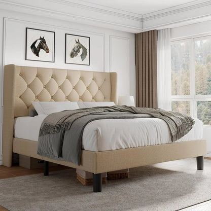 Queen Size Platform Bed Frame with Button Tufted Headboard, Upholstered Bed Frame with Solid Wooden Slats, 8", Customized