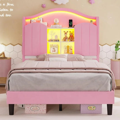 Twin LED Bed with Charging Station & Storage Headboard – Pink