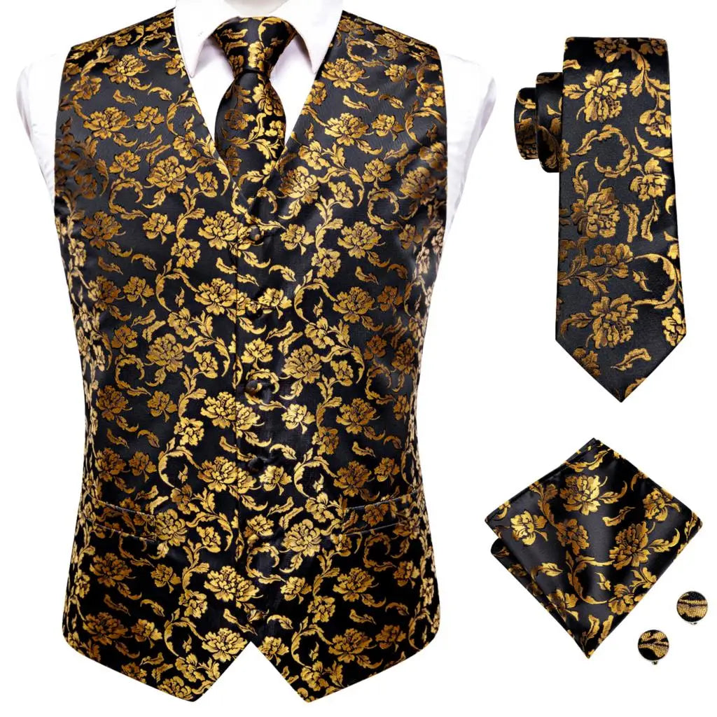 Hi-Tie 20 Color Silk Men's Vests Tie Slim Sleeveless Jacket Hanky Cufflink Waistcoat 4PC Suit