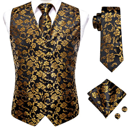 Hi-Tie 20 Color Silk Men's Vests Tie Slim Sleeveless Jacket Hanky Cufflink Waistcoat 4PC Suit