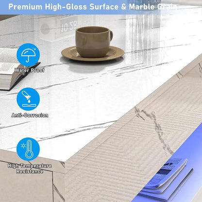 39.4" High‑Gloss LED Coffee Table with Sliding Drawers – Marble Print