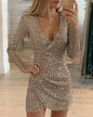 Dresses For Women 2025 Sexy Deep V-Neck Silver Sequin Mini Bodycon Dress Spring Autumn Long Sleeve Party Dress Female