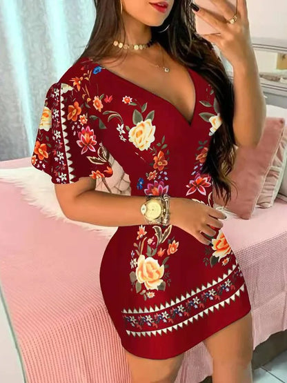 Women’s Elegant Floral Print Bodycon Mini Dress – Sexy Deep V‑Neck Summer Party & Office Look