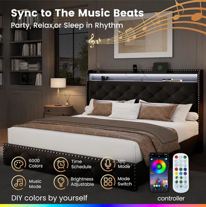 King Bed Frame w/ LED & 4 Drawers — Velvet Upholstered