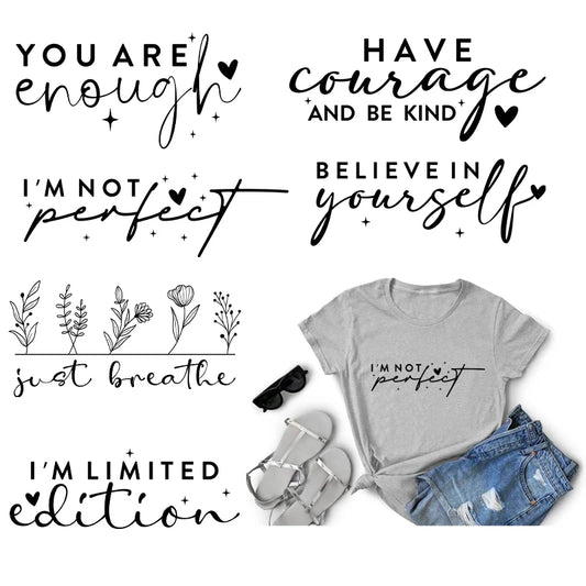 Fashion Women Heat DTF Black Letter Transfer Patch T Shirts Self Love Iron On Print Sticker Clothing Appliqued DIY