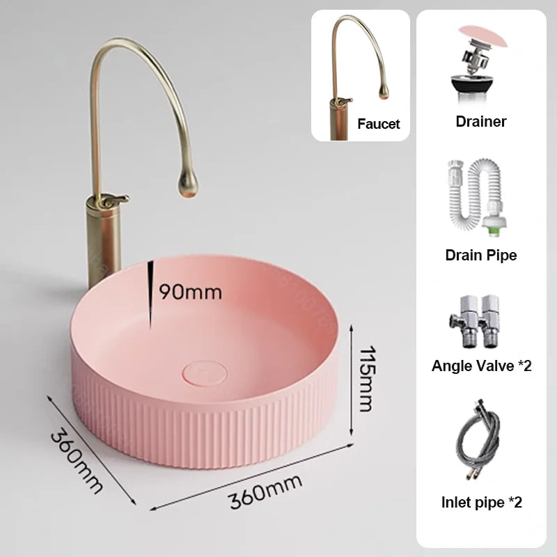 Pink Ceramic Vessel Sink – Modern Countertop Basin with Drain