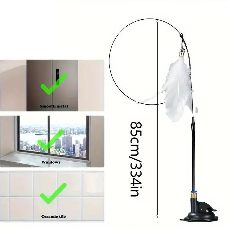 Interactive Bell & Feather Wand  Cat Teaser Toy  with Long Suction Cup Pole
