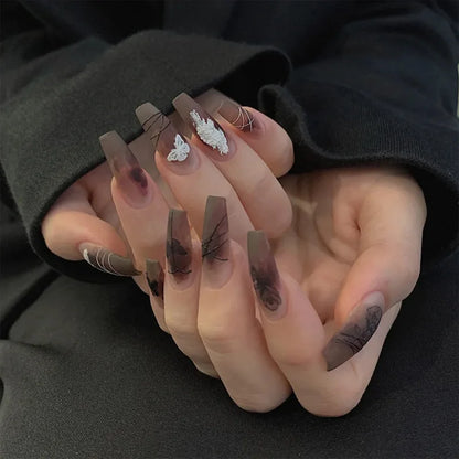 24Pcs Gold French Border False Long Coffin Press on Nails with Rhinestones Ballerina Full Cover
