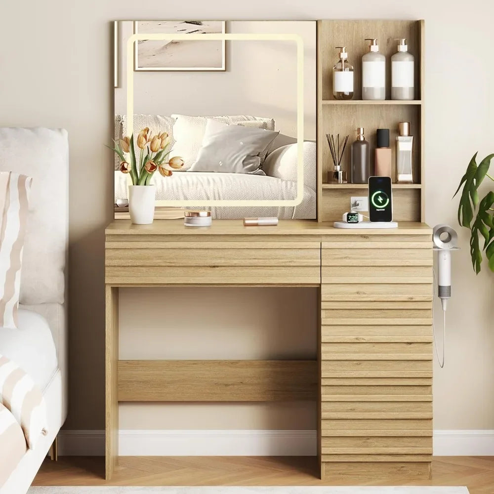 LED Makeup Vanity with 4 Drawers & Open Shelves