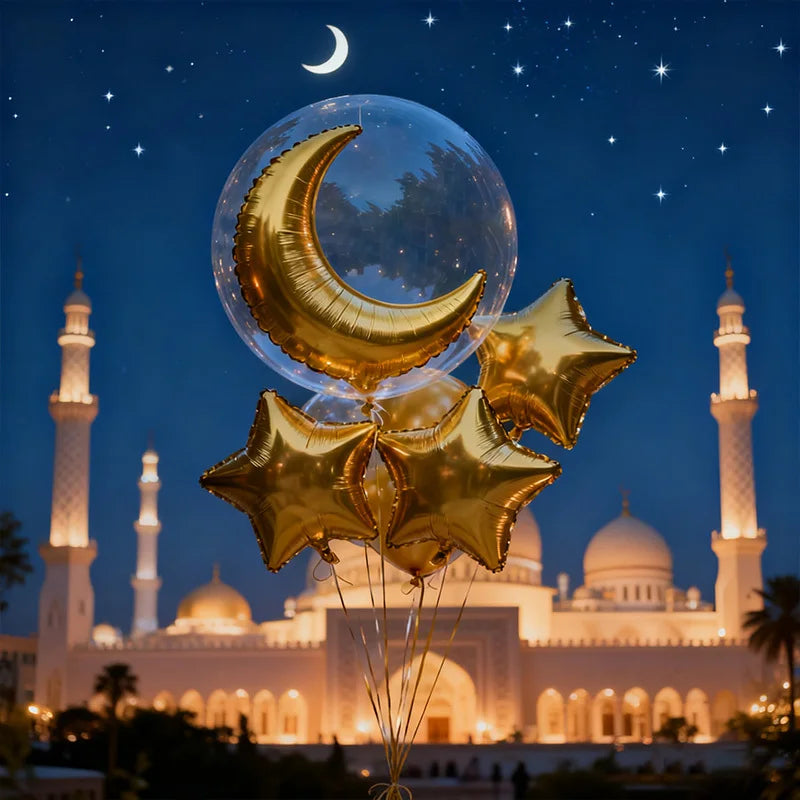11‑Piece Golden Moon & Star Foil Balloon Set – Ramadan & Eid Party Decorations