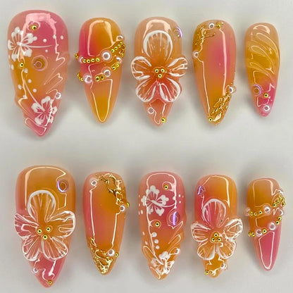 24pcs White Flower Fake Press on Nail Tips Yellow Pink Blush Full Cover Almond Shaped