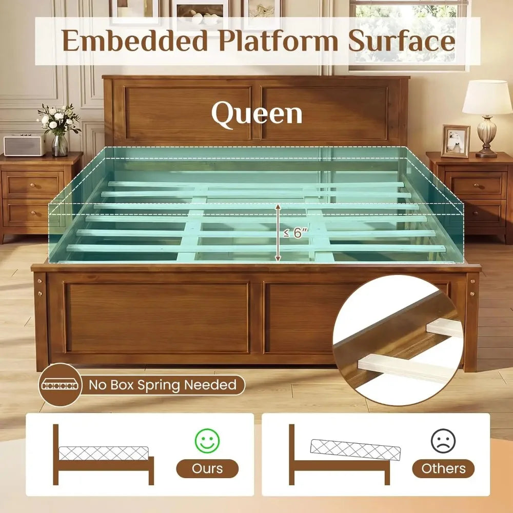 Queen Farmhouse Wood Platform Bed Frame with Headboard