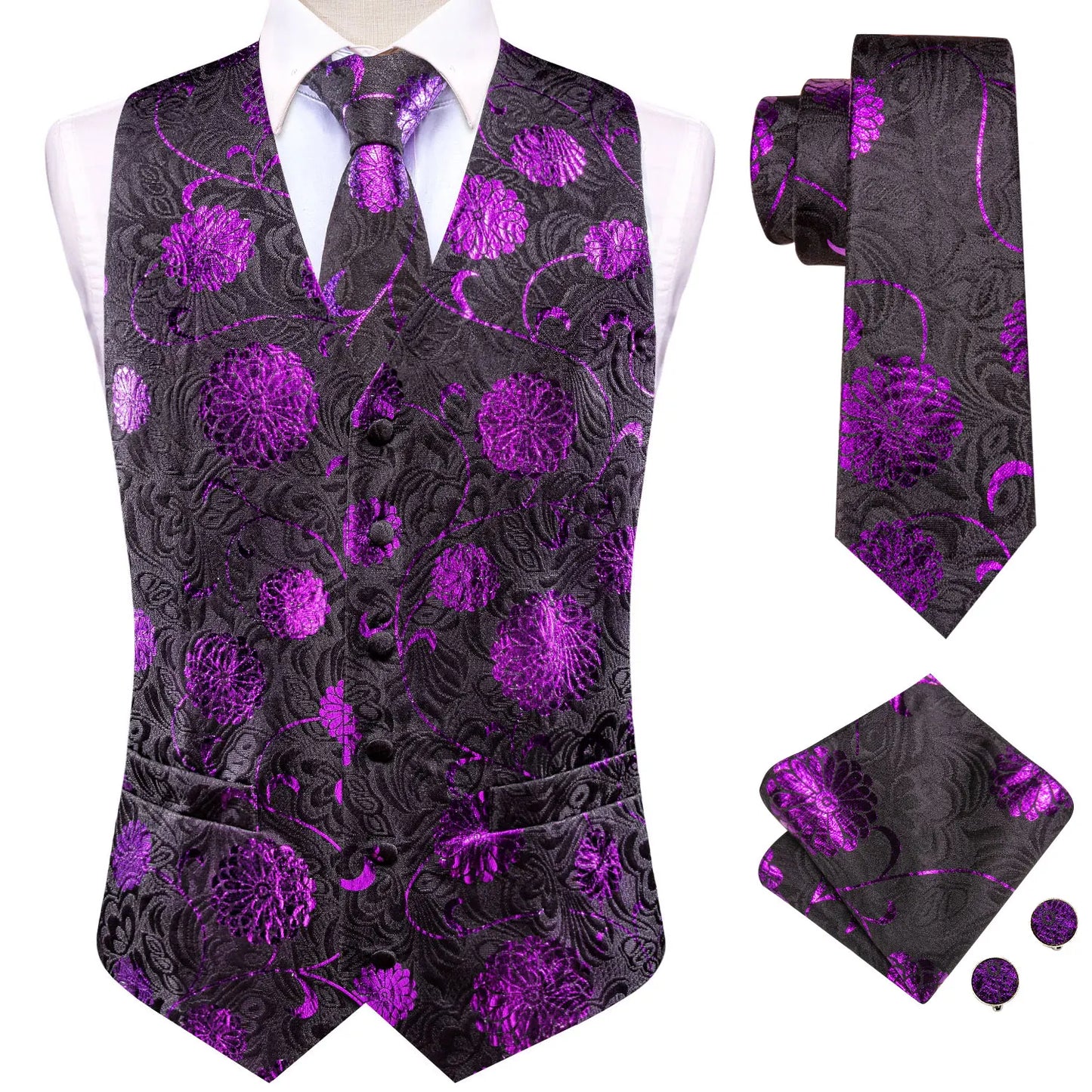 Hi-Tie 20 Color Silk Men's Vests Tie Slim Sleeveless Jacket Hanky Cufflink Waistcoat 4PC Suit