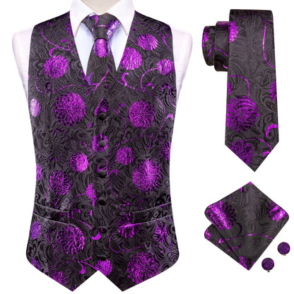 Hi-Tie 20 Color Silk Men's Vests Tie Slim Sleeveless Jacket Hanky Cufflink Waistcoat 4PC Suit