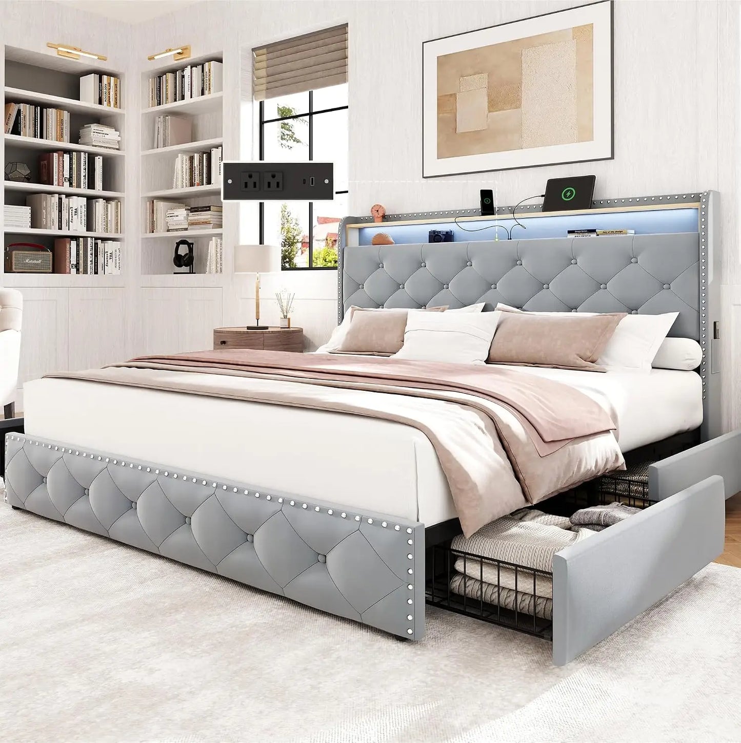 King Bed Frame w/ LED & 4 Drawers — Velvet Upholstered