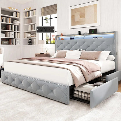 King Bed Frame w/ LED & 4 Drawers — Velvet Upholstered