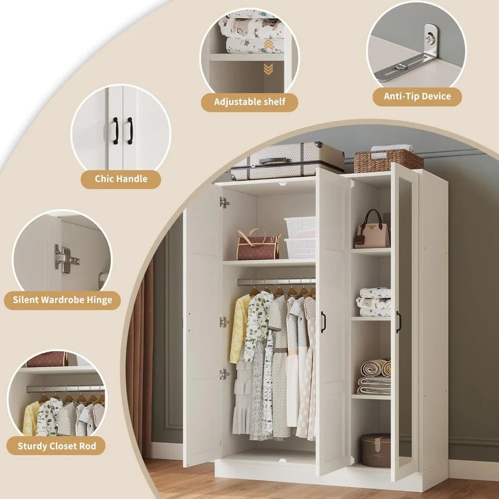 3‑Door Armoire Wardrobe with Mirror – White