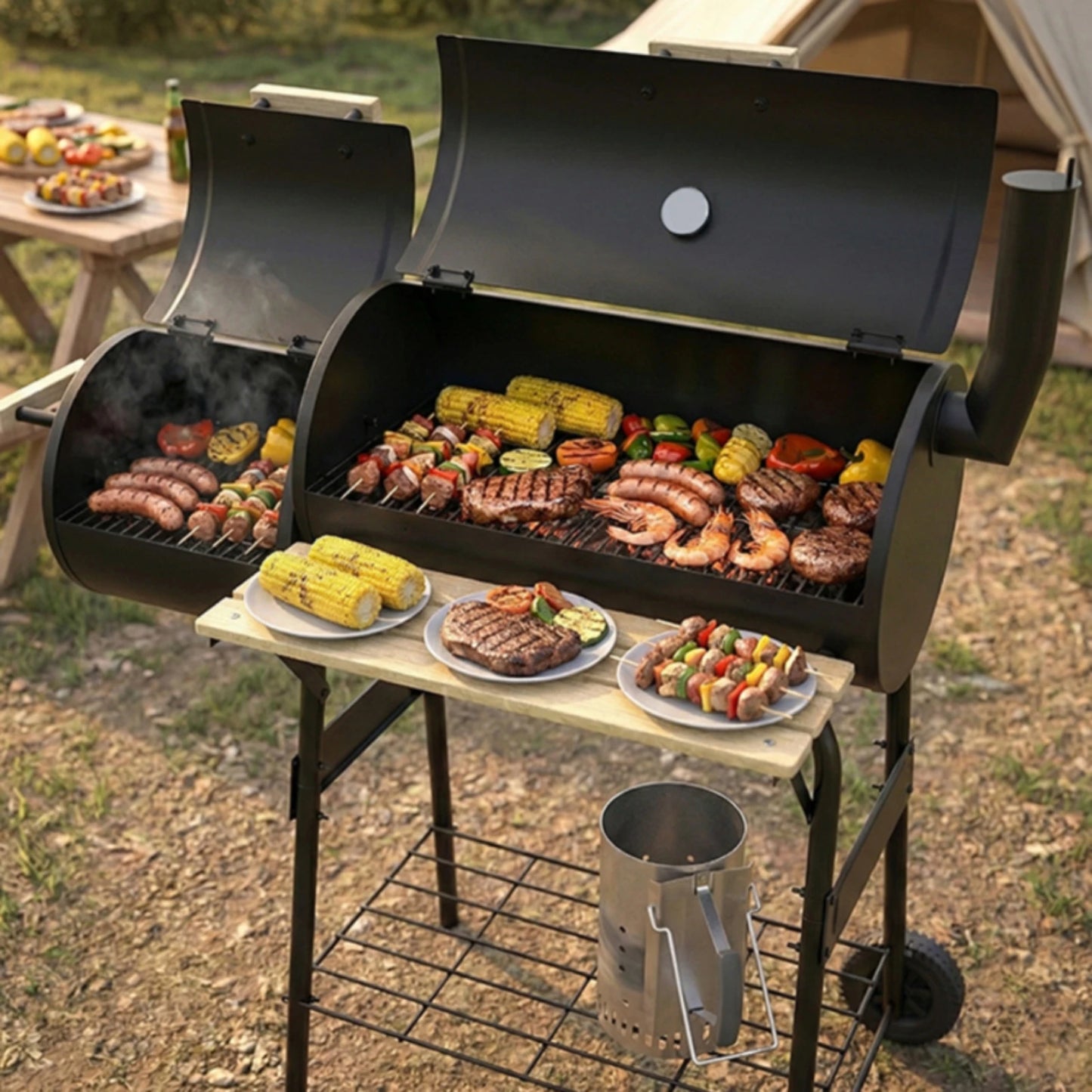 Two‑Chamber Barrel Charcoal Grill (Black, Wheeled, Outdoor BBQ)