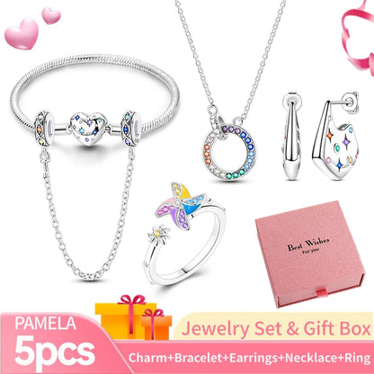 Pink Heart Bracelet Set 925 Silver Original Flower Ring Butterfly Earrings & Gift Box For Women Wedding Jewelry Best Wish 5pcs