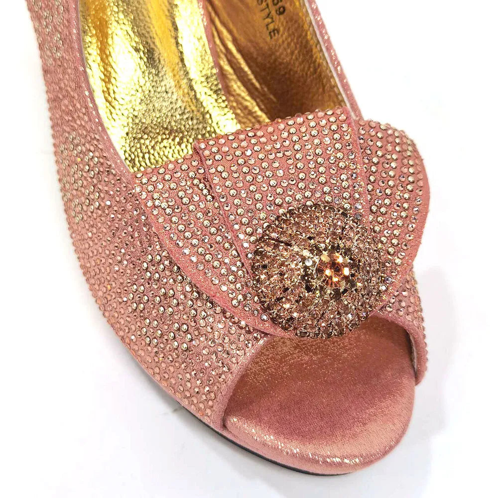 Mature Sweet Spot New Arrival Peach-Colored Square-Heel Peep-Toe Shoes with Matching Bag Set for Nigerian Women's Wedding Party Pumps