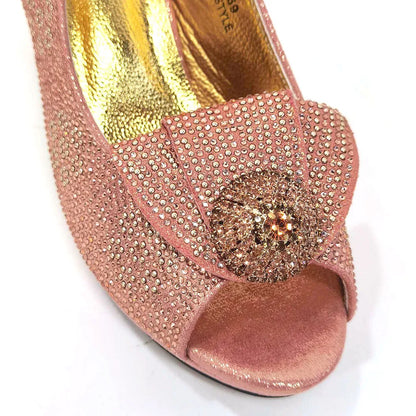 Mature Sweet Spot New Arrival Peach-Colored Square-Heel Peep-Toe Shoes with Matching Bag Set for Nigerian Women's Wedding Party Pumps