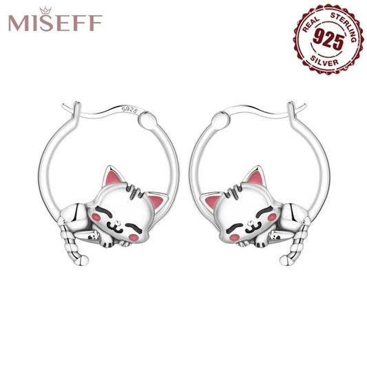 925 Sterling Silver Hoop Earrings Simple Sleeping Cat Earrings For Engagement Wedding Party Birthday Jewelry Gift