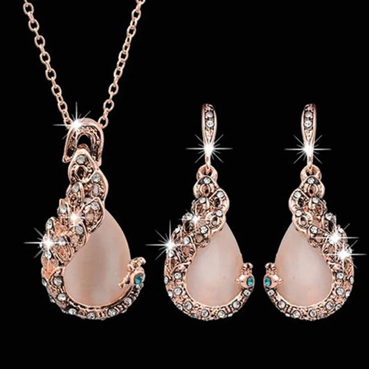 3pcs\ Women Elegant Waterdrop Rhinestone Pendant Necklace Hook Earrings Jewelry Set