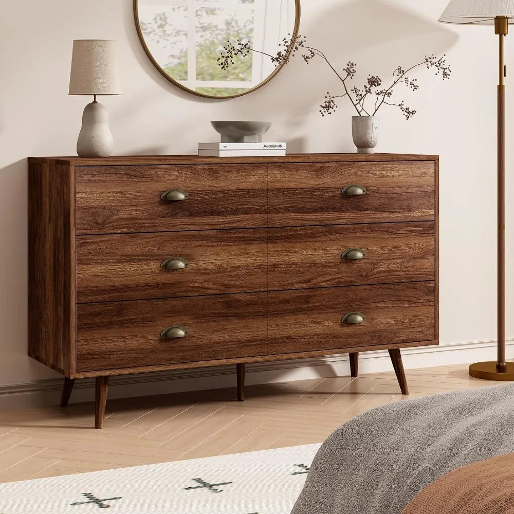 Walnut 6‑Drawer Dresser — 47" Mid‑Century Chest