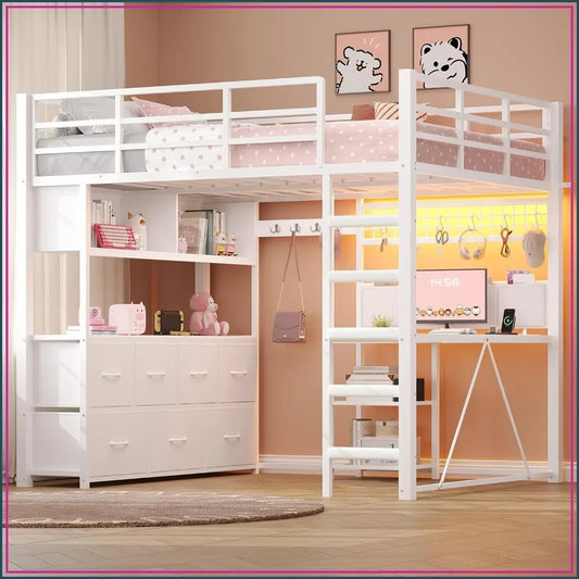 Full Loft Bed w/ L‑Desk, 7 Drawers, LED & USB — White