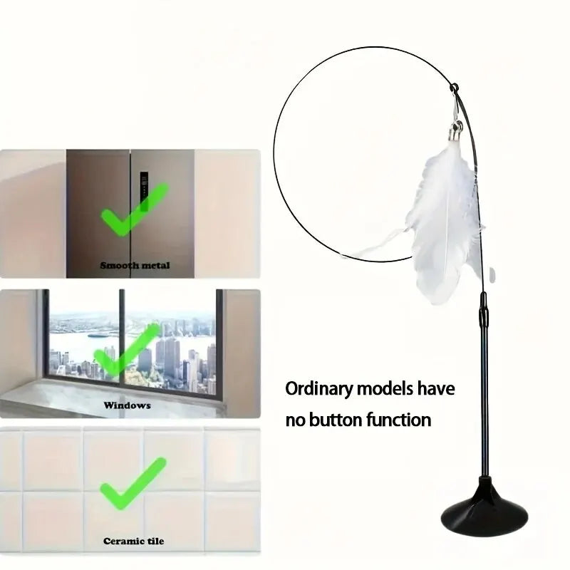 Interactive Bell & Feather Wand  Cat Teaser Toy  with Long Suction Cup Pole