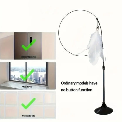 Interactive Bell & Feather Wand  Cat Teaser Toy  with Long Suction Cup Pole
