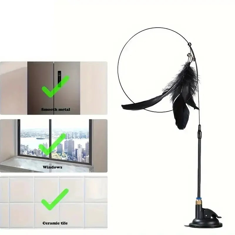 Interactive Bell & Feather Wand  Cat Teaser Toy  with Long Suction Cup Pole