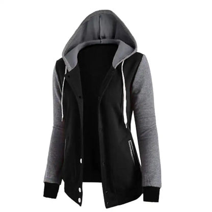 Drawstring Women Jacket Fall Winter Color Block Sports Hoodie Jacket Button Hooded Long Sleeve Hoodies Jogging Women Sweatshirts