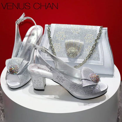 Mature Sweet Spot New Arrival Peach-Colored Square-Heel Peep-Toe Shoes with Matching Bag Set for Nigerian Women's Wedding Party Pumps