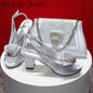 Mature Sweet Spot New Arrival Peach-Colored Square-Heel Peep-Toe Shoes with Matching Bag Set for Nigerian Women's Wedding Party Pumps
