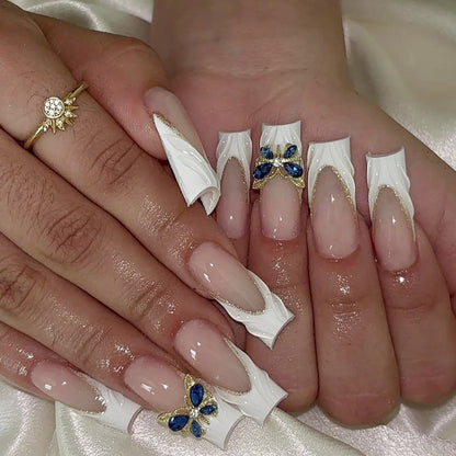 24Pcs Gold French Border False Long Coffin Press on Nails with Rhinestones Ballerina Full Cover