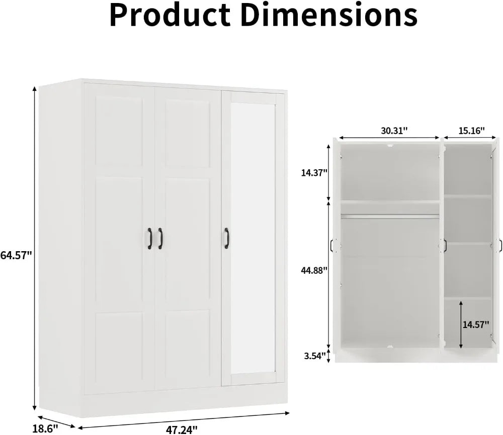 3‑Door Armoire Wardrobe with Mirror – White
